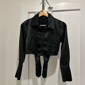🔥SALE! ✅ Fashion Nova Black Satin Cropped Shirt Tie Front Button Down XS